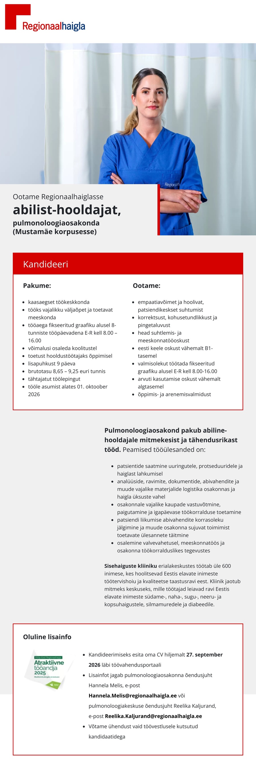 Põhja-Eesti Regionaalhaigla Abiline-hooldaja pulmonoloogiaosakonda