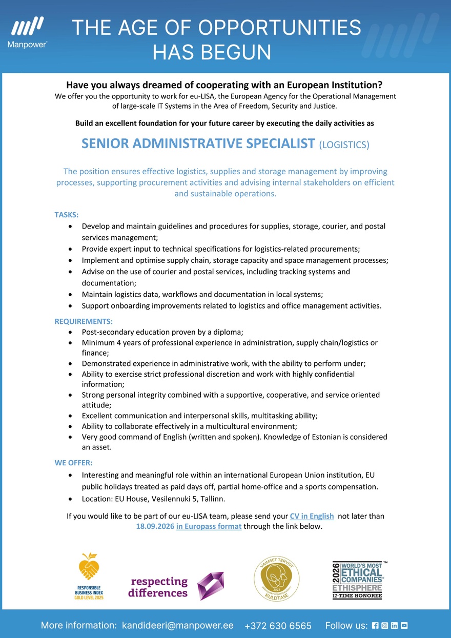 Manpower SENIOR ADMINISTRATIVE SPECIALIST_LOGISTICS (eu-Lisa)