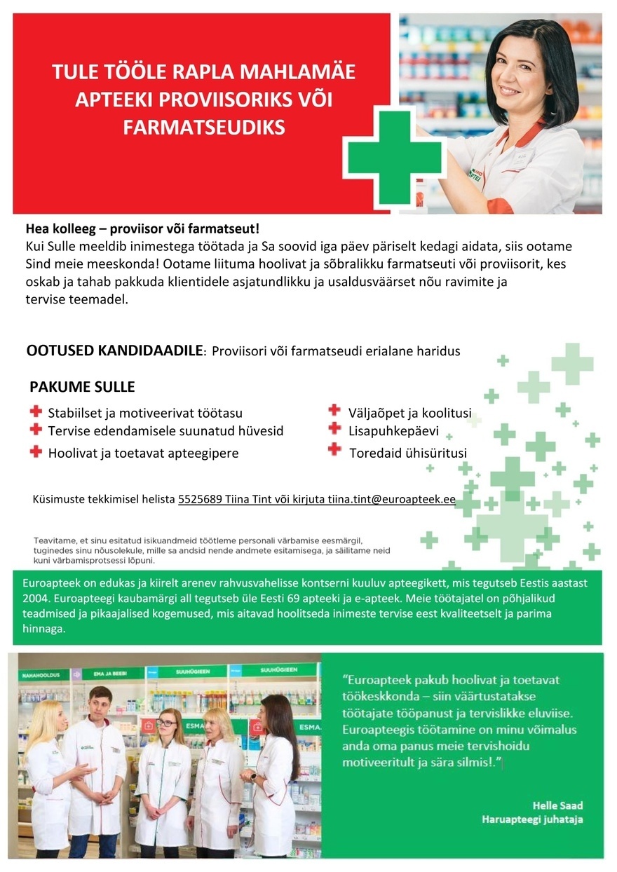 Euroapteek OÜ Rapla Mahlamäe apteegi proviisor/farmatseut