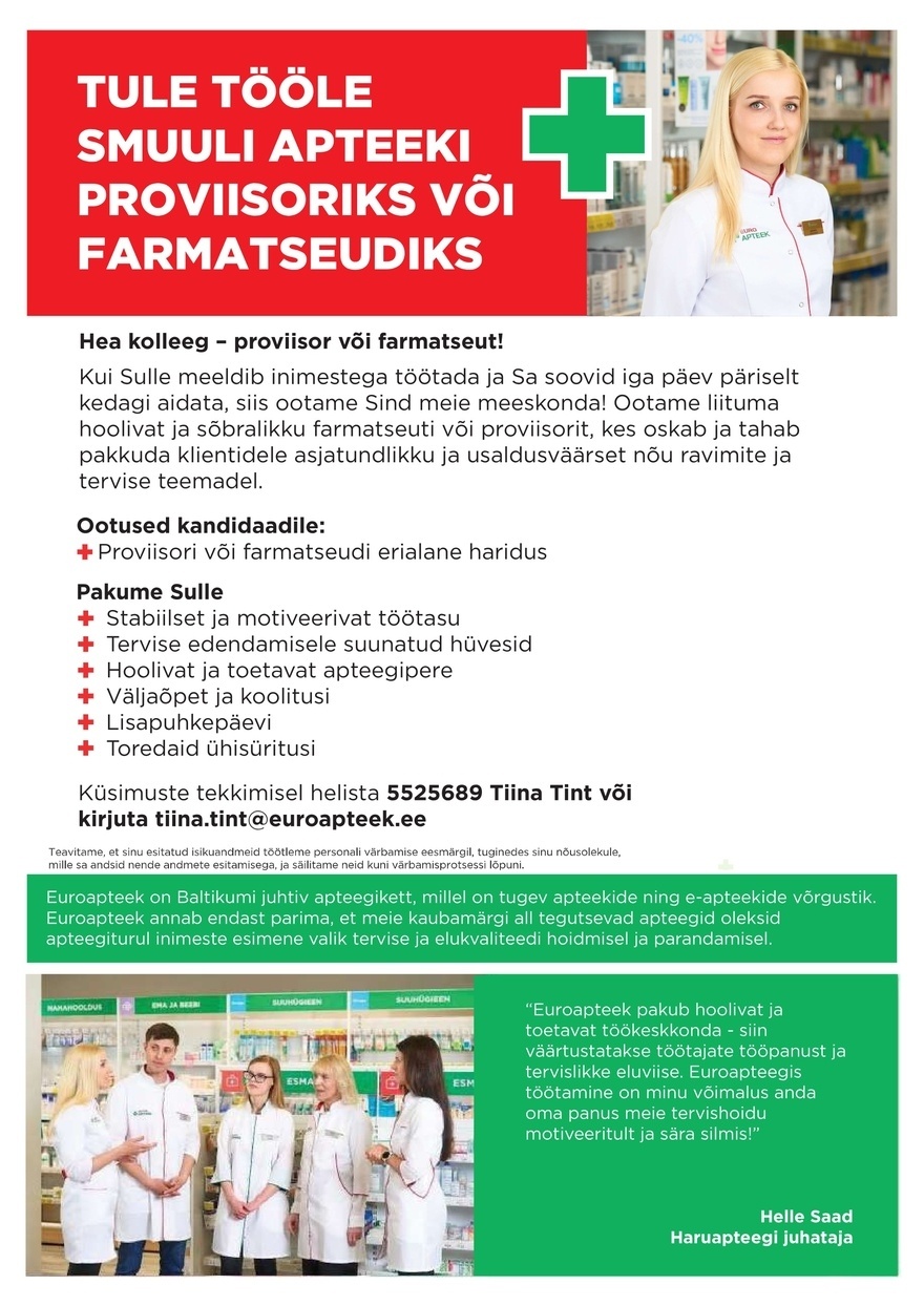 Euroapteek OÜ Smuuli Apteegi proviisor/farmatseut (Tallinn)