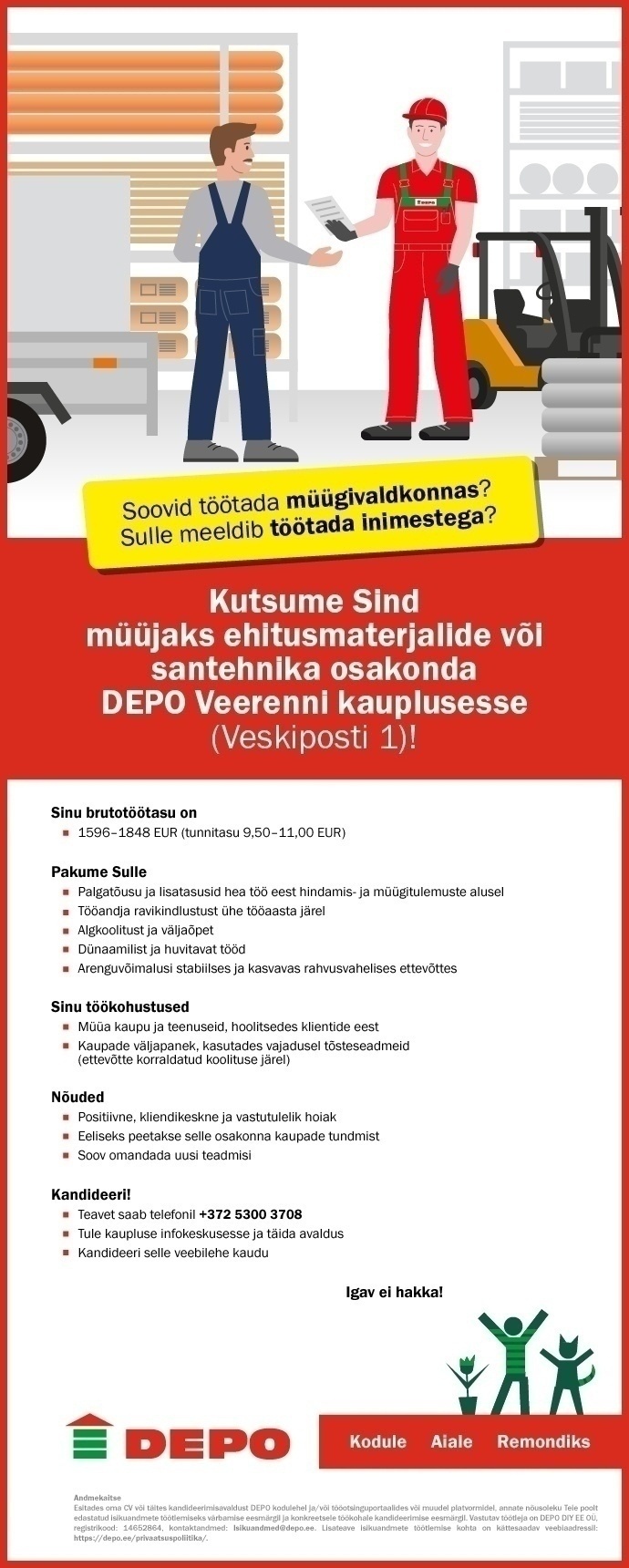 DEPO DIY EE OÜ Ehitusmaterjalide või santehnika osakonna müüja, Veerenni (Veskiposti 1)