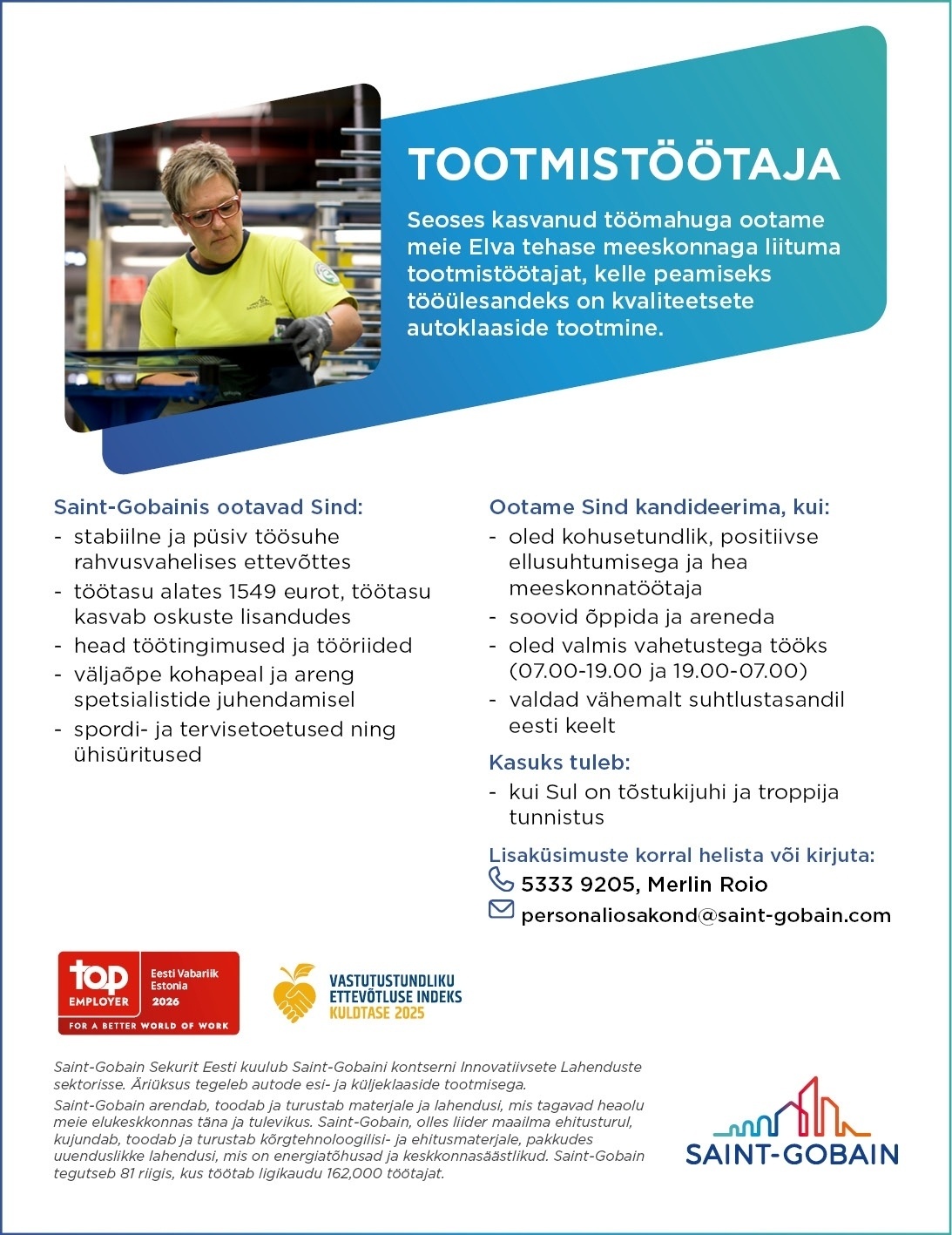 SAINT-GOBAIN GLASS ESTONIA SE Tootmistöötaja (Elvas)