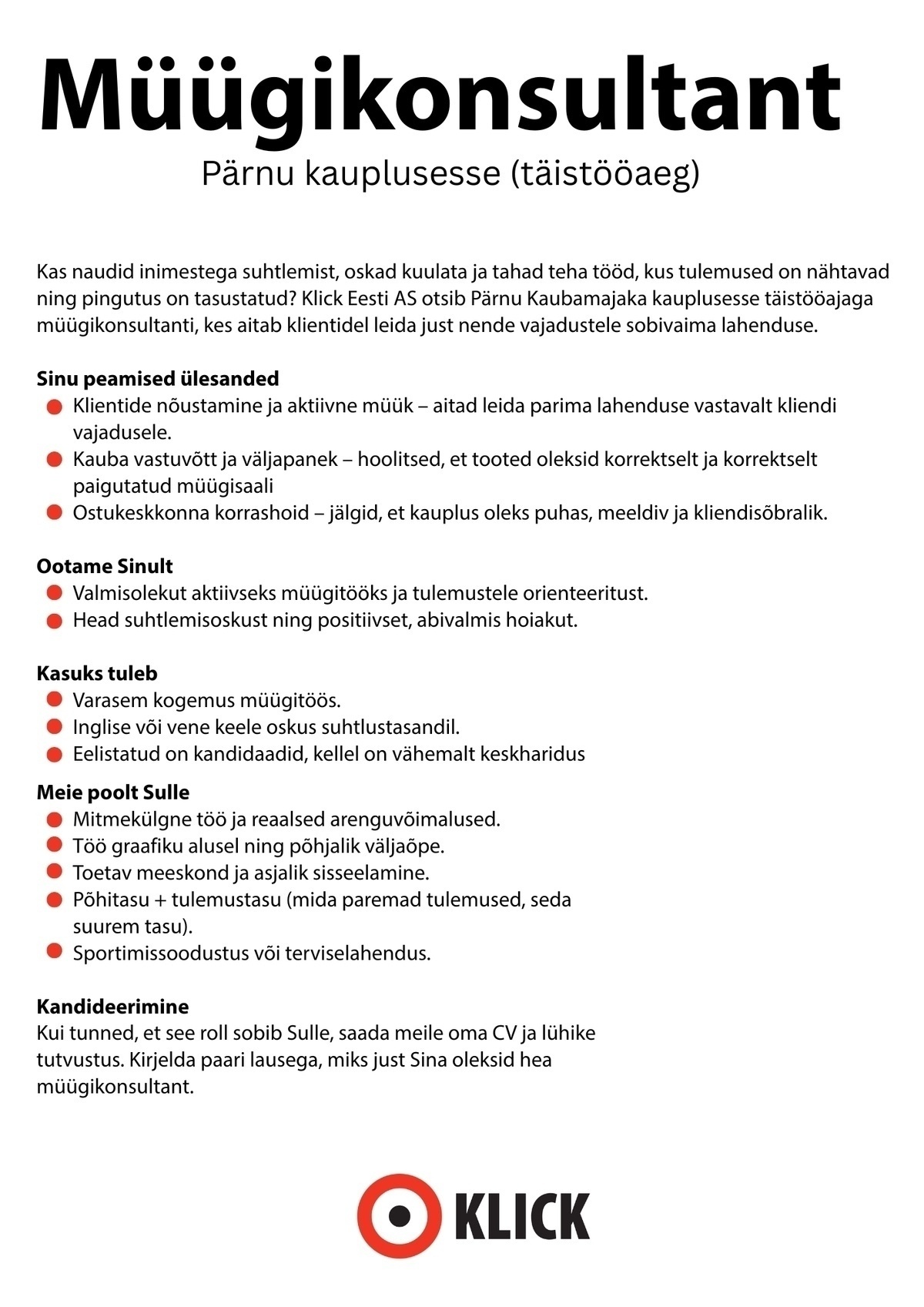 Klick Eesti AS Müügikonsultant (Pärnu)