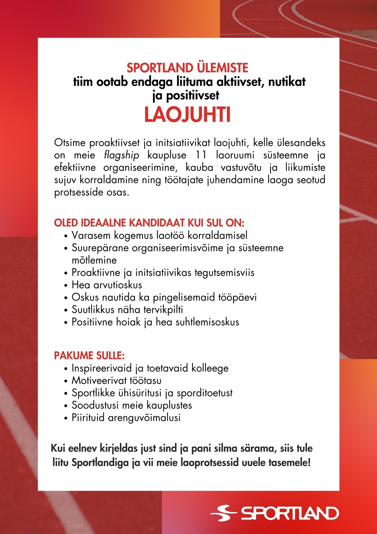 Sportland Eesti Sportland Ülemiste laojuht