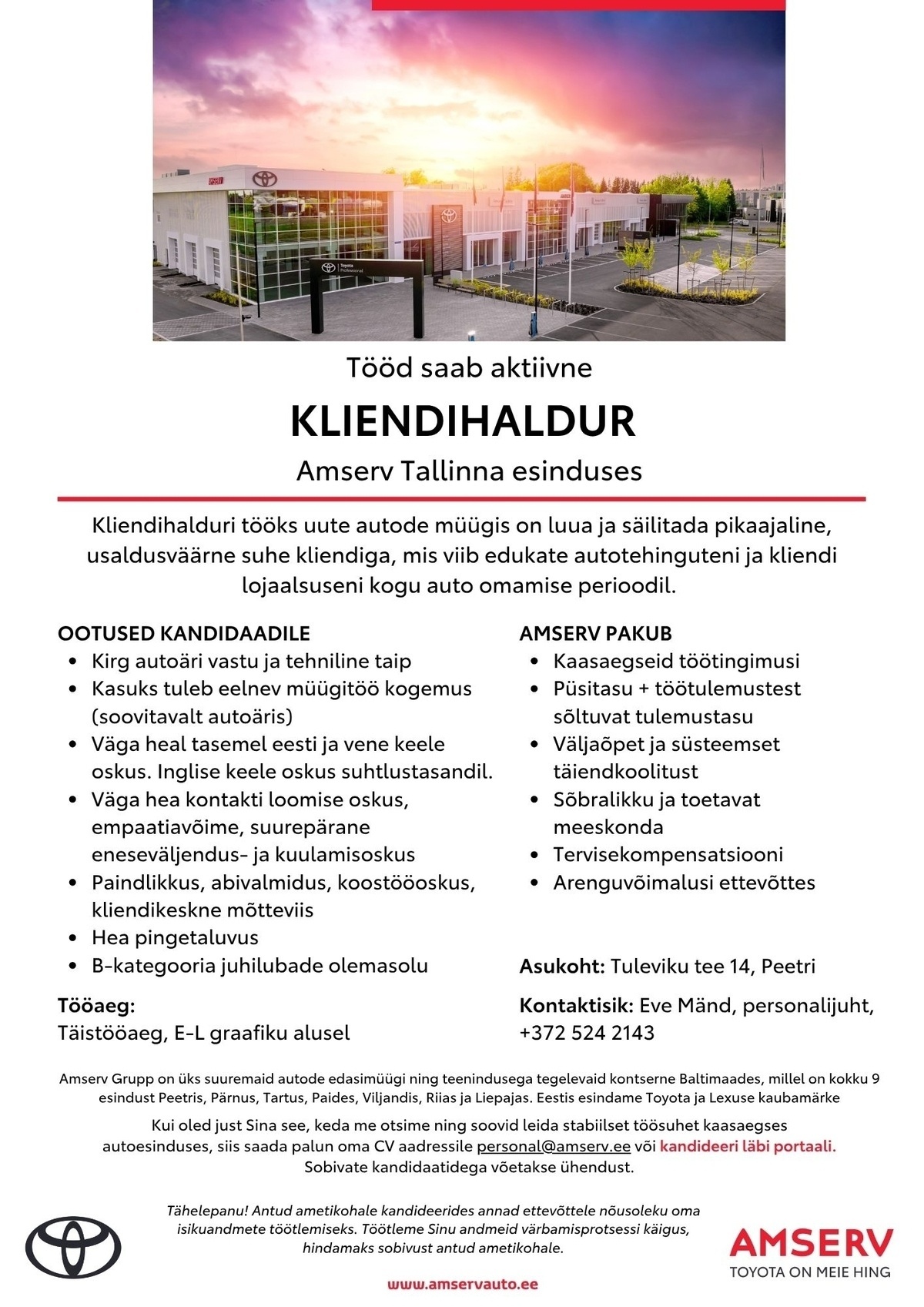 Amserv Auto OÜ Kliendihaldur Amserv Tallinna esinduses