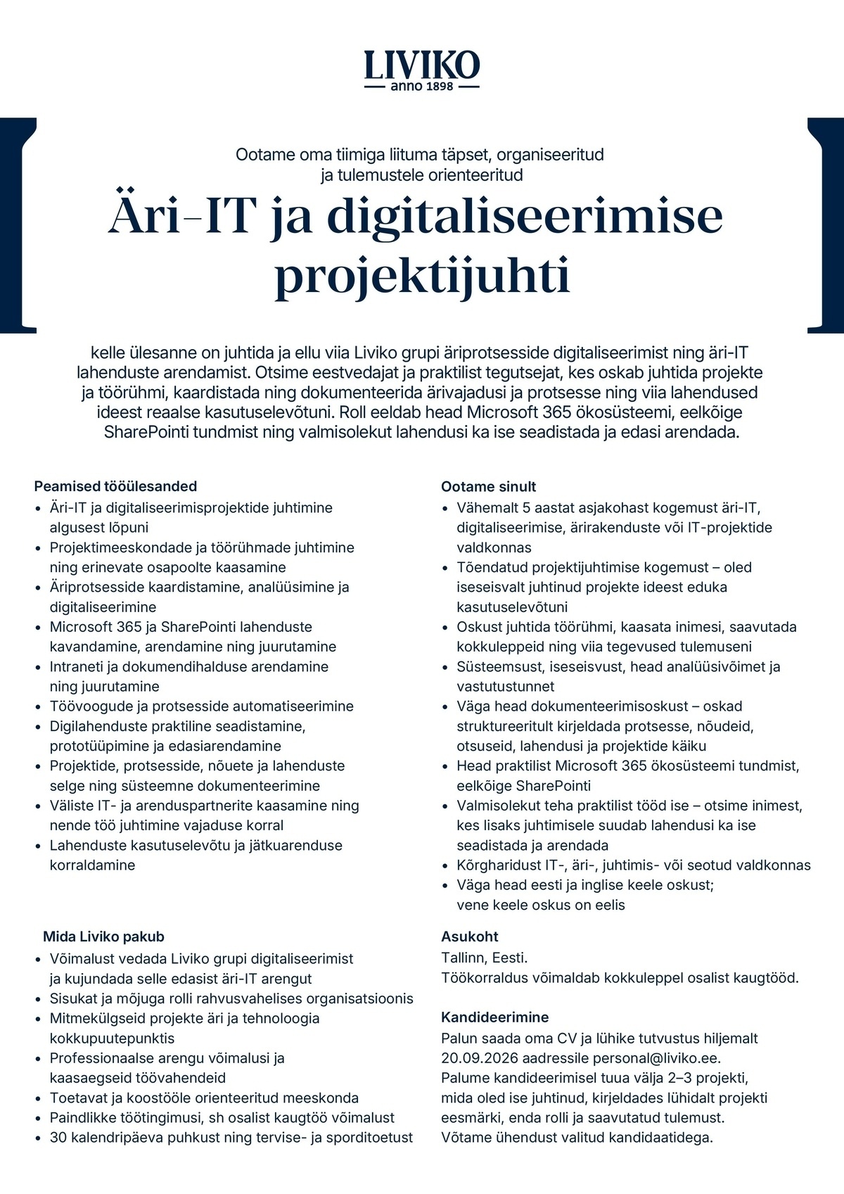 Liviko AS Äri-IT digitaliseerimise projektijuht