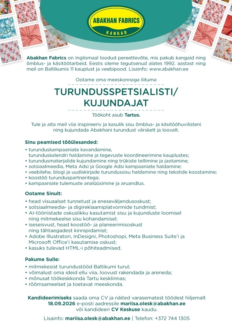 Abakhan Fabrics Eesti AS Turundusspetsialist/kujundaja