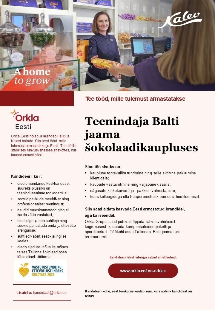Orkla Eesti AS TEENINDAJA Balti Jaama Kalevi shokolaadikauplusesse