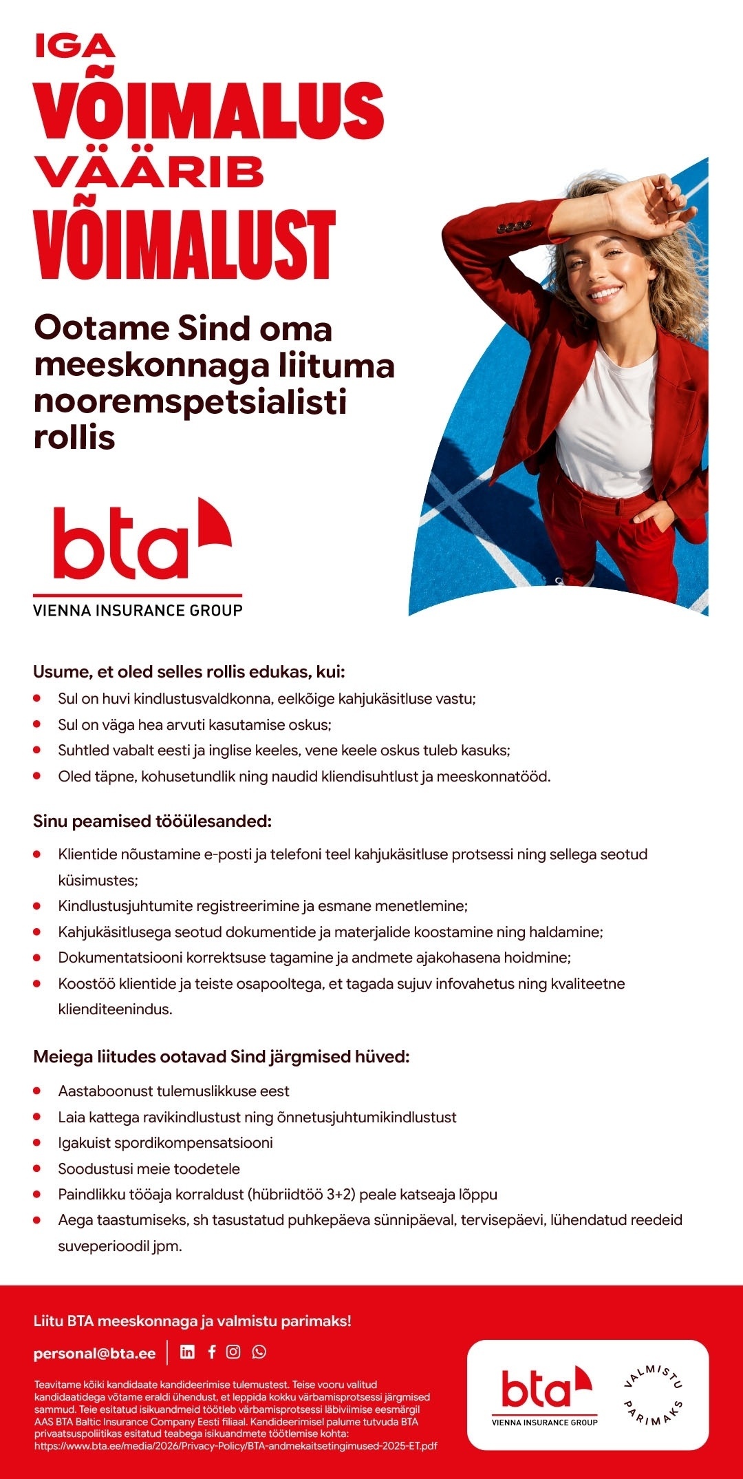 AAS BTA BALTIC INSURANCE COMPANY EESTI FILIAAL Kindlustuse kõnekeskuse nooremspetsialist