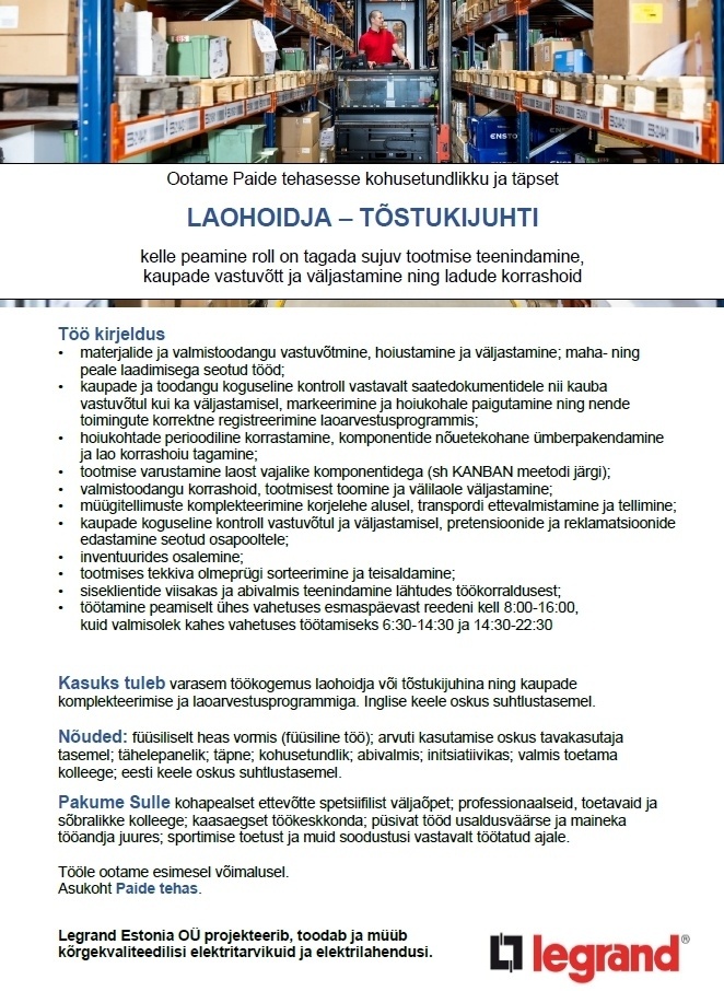Legrand Estonia OÜ Laohoidja-tõstukijuht