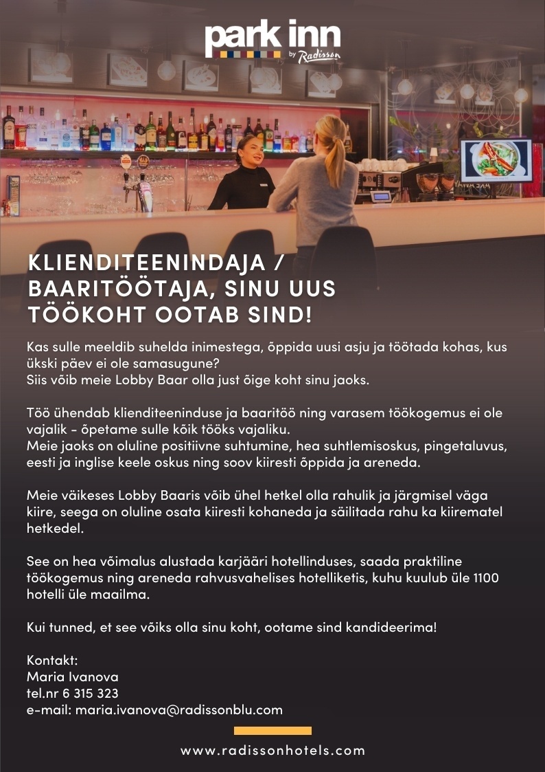 Park Inn by Radisson Central Tallinn Klienditeenindaja/Baaritöötaja