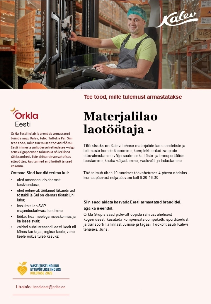 Orkla Eesti AS Materjalilao laotöötaja