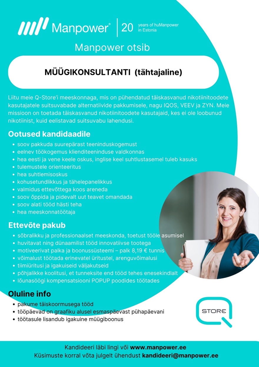 Manpower OÜ Müügikonsultant (tähtajaline)