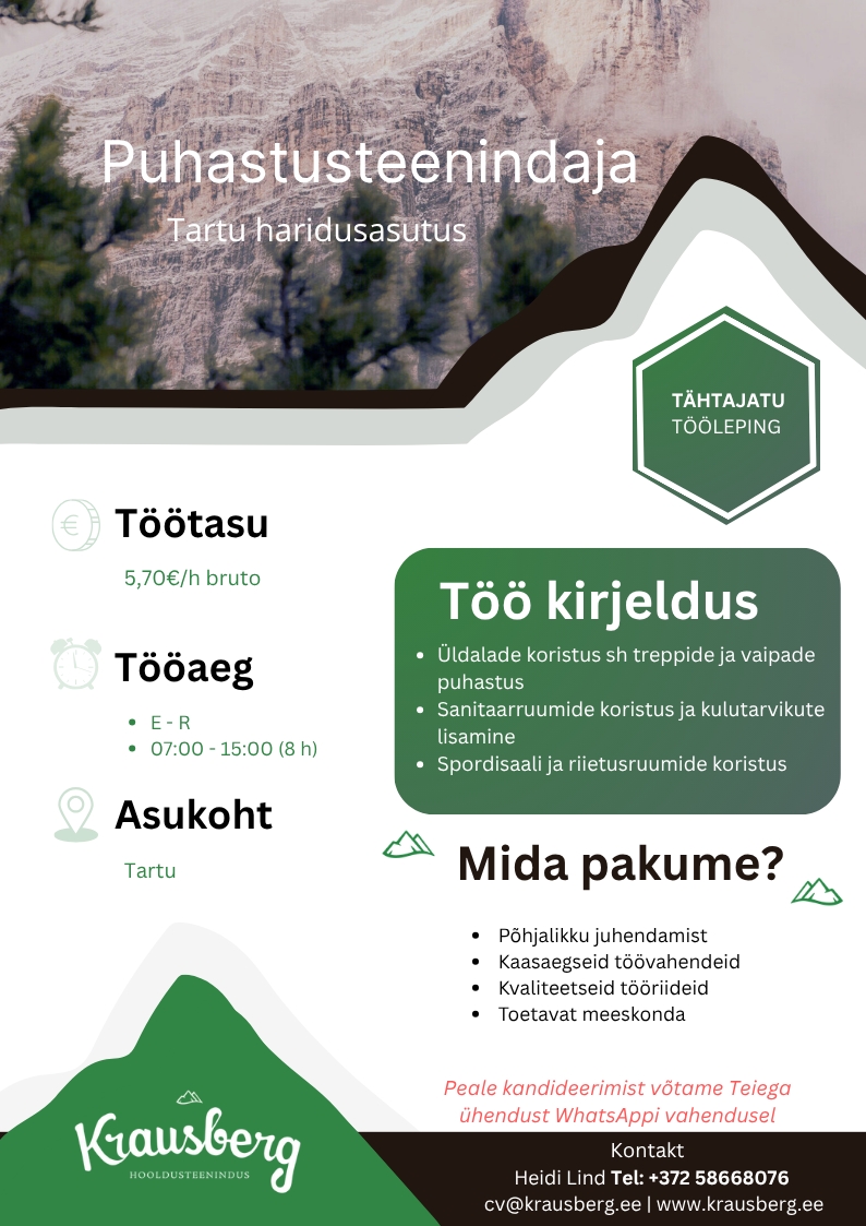 Krausberg Eesti OÜ Puhastusteenindaja haridusasutuses, Tartu (täiskoormus)