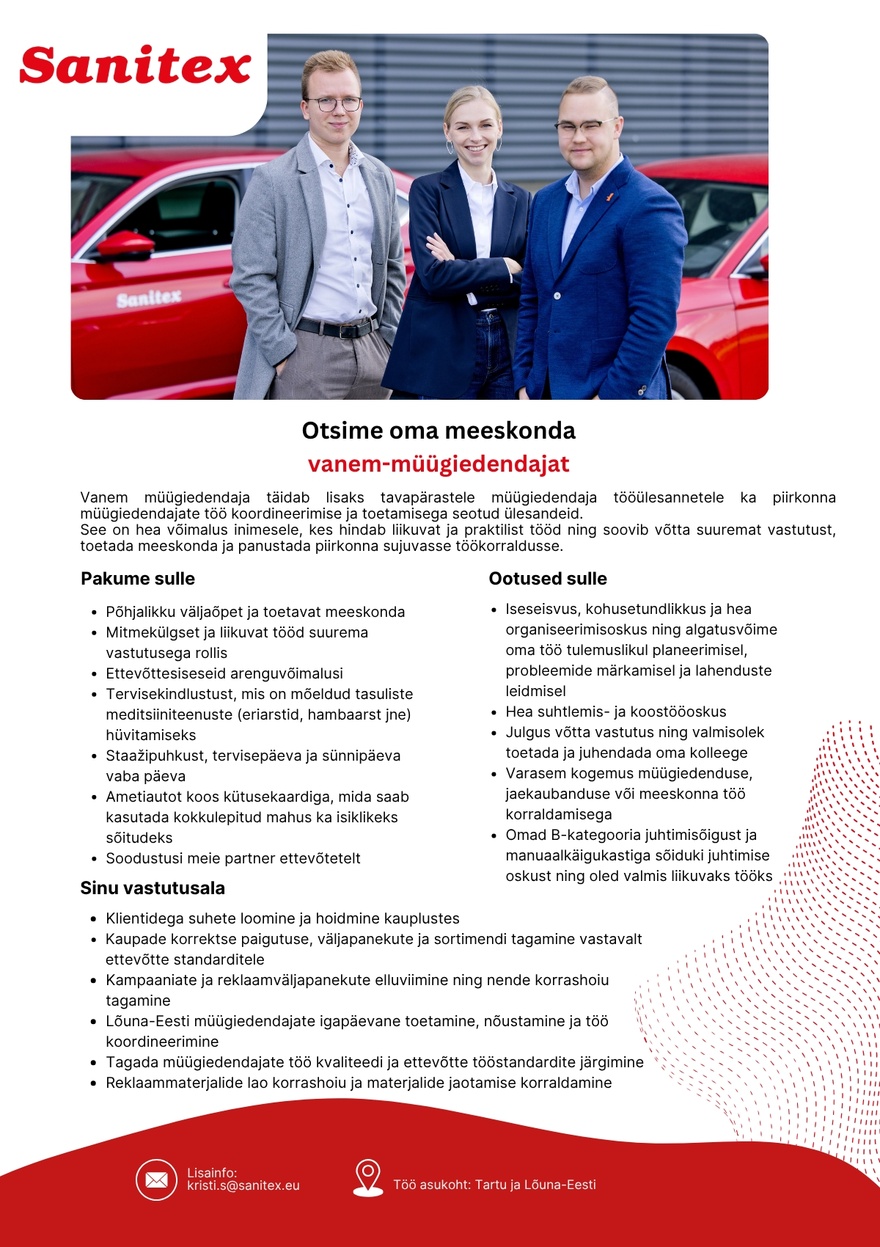 Sanitex OÜ Vanem-müügiedendaja Tartu ja Lõuna-Eesti piirkond