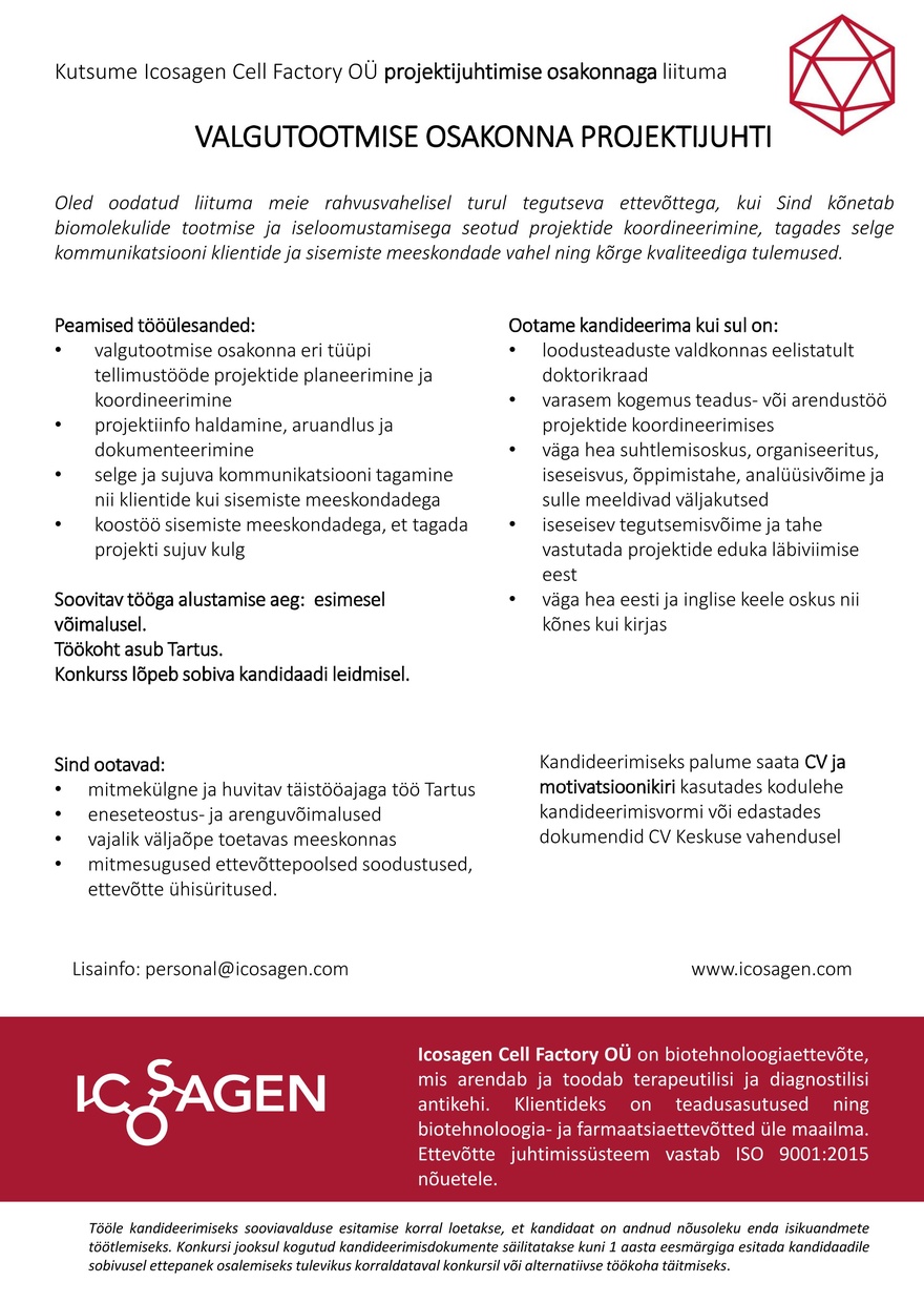 Icosagen Cell Factory OÜ VALGUTOOTMISE OSAKONNA PROJEKTIJUHT