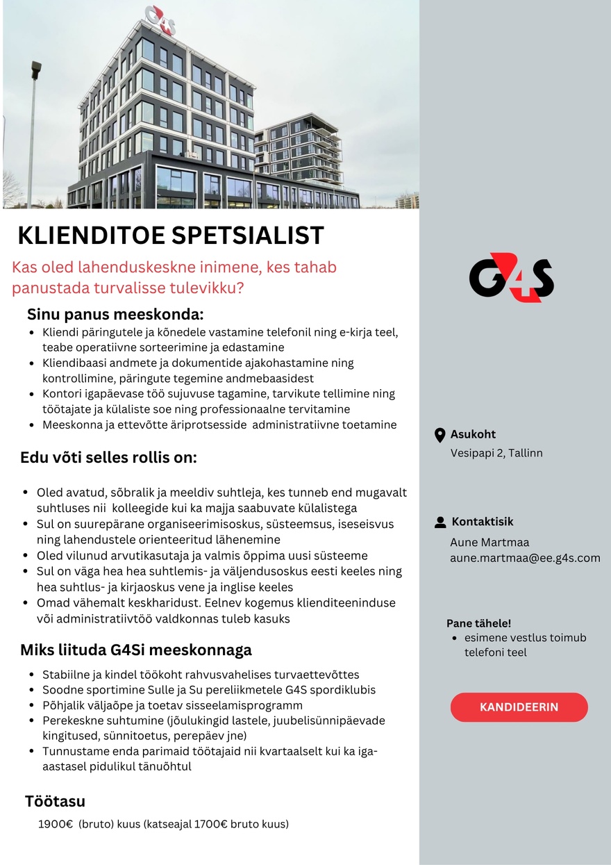 G4S Eesti AS Klienditoe spetsialist