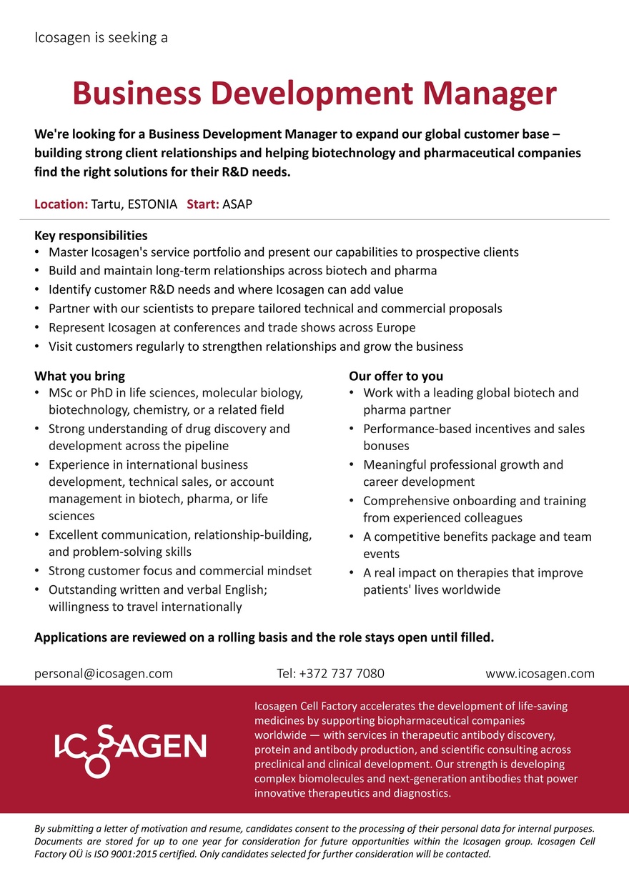 Icosagen Cell Factory OÜ Business Development Manager