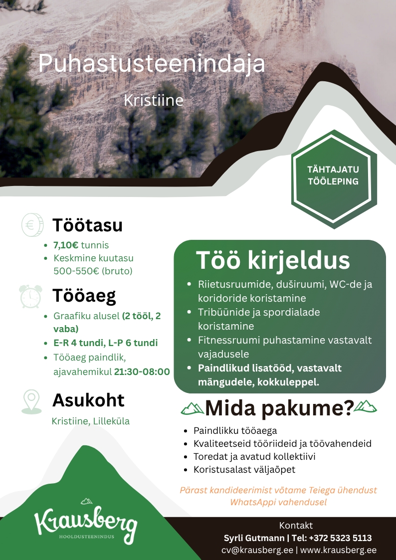 Krausberg Eesti OÜ Puhastusteenindaja, Kristiine (öine, osaline tööaeg)