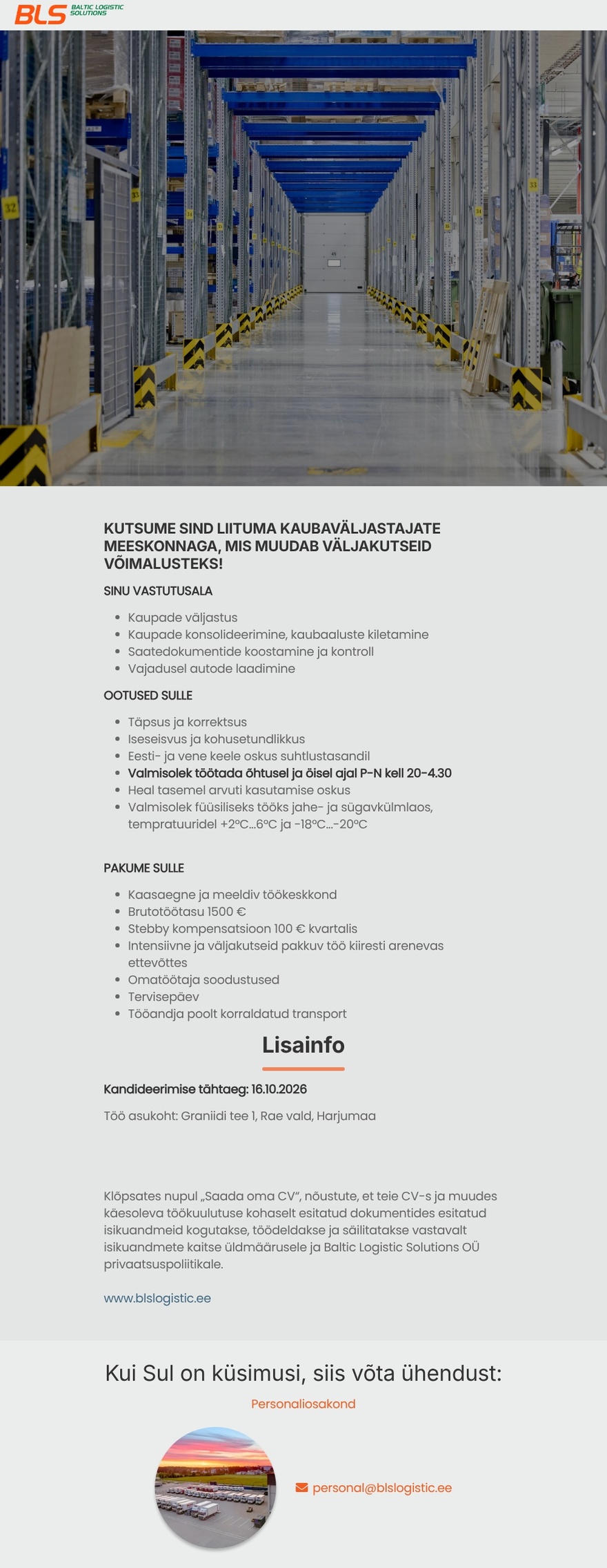 Baltic Logistic Solutions OÜ Jahe- ja sügavkülmlao kaubaväljastaja