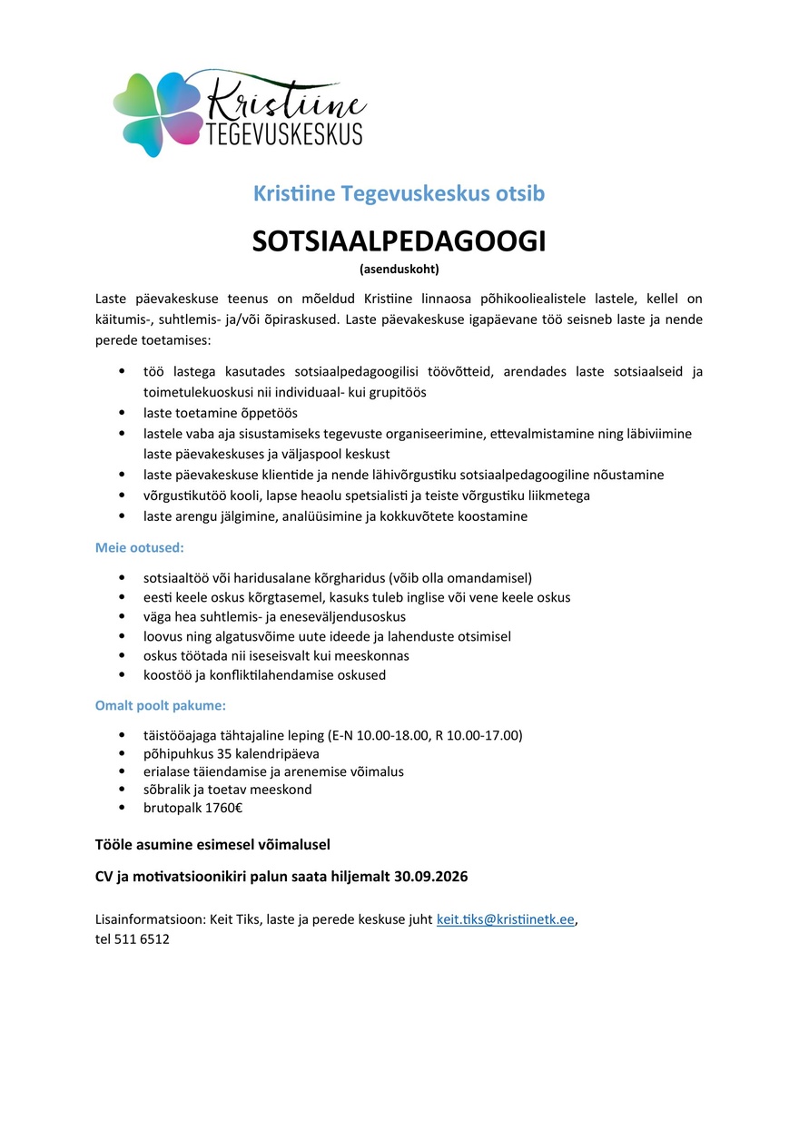 Kristiine Tegevuskeskus Sotsiaalpedagoogi
