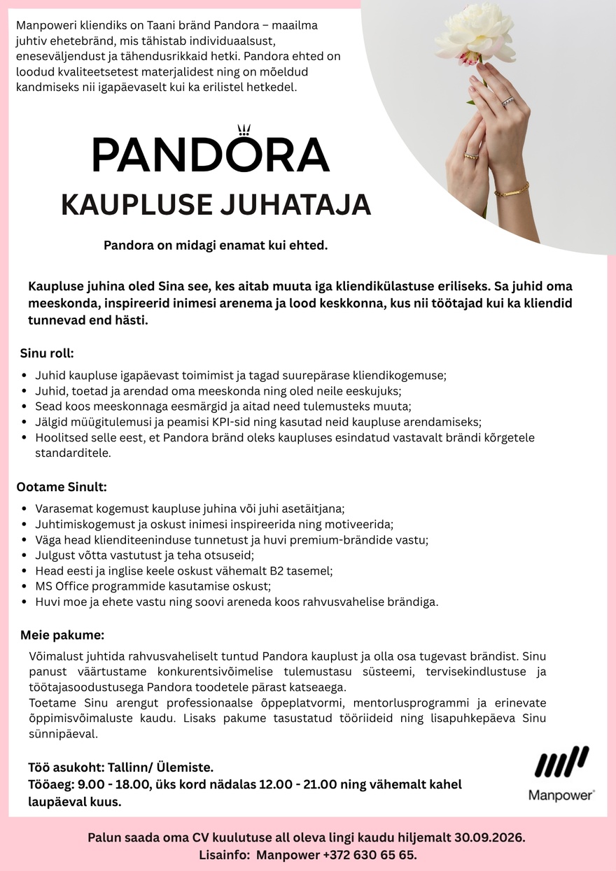 Manpower PANDORA KAUPLUSE JUHATAJA