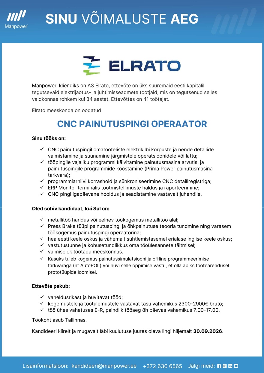 Manpower OÜ CNC painutuspingi operaator
