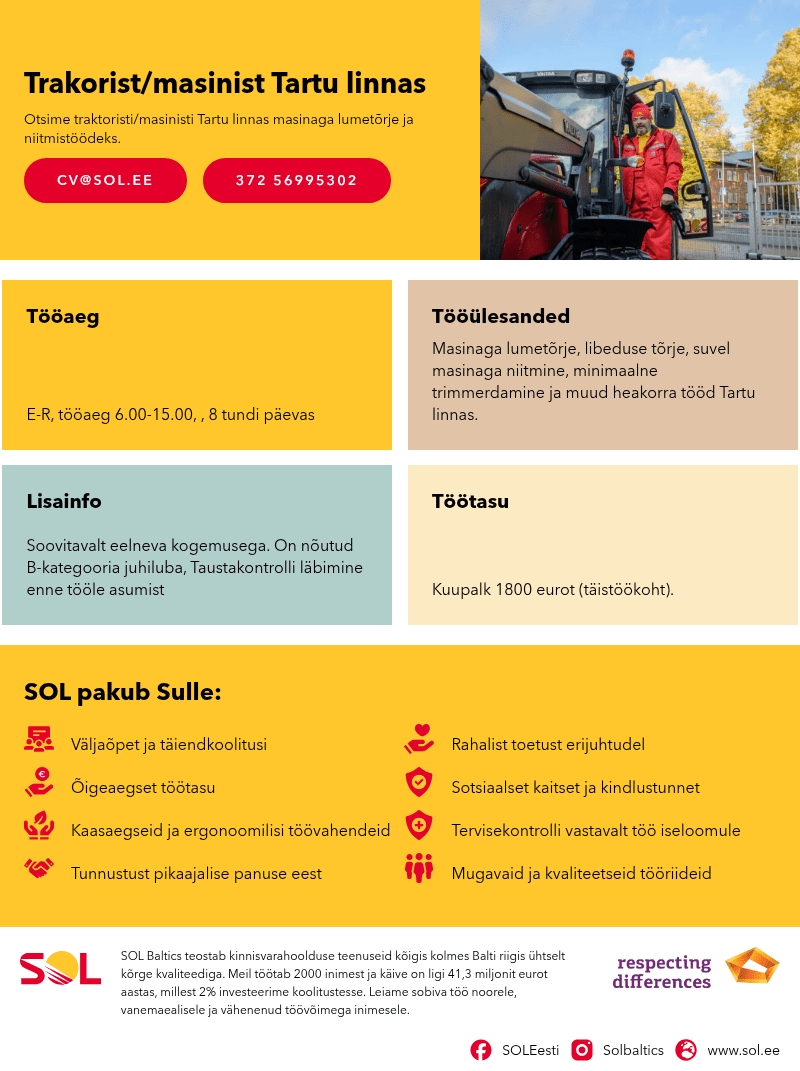 SOL Baltics OÜ Trakorist/masinist Tartu linnas