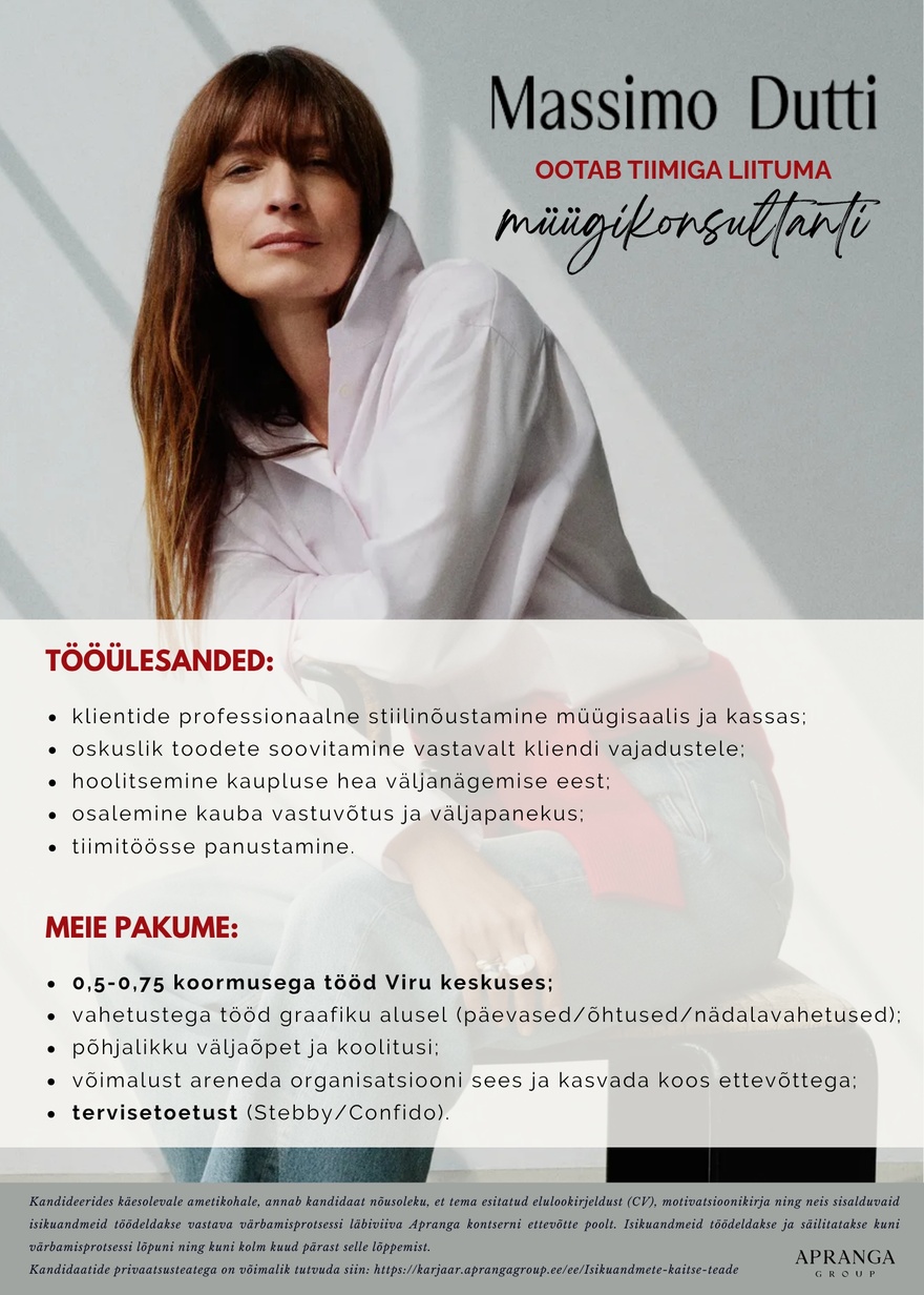 Apranga OÜ Massimo Dutti müügikonsultant