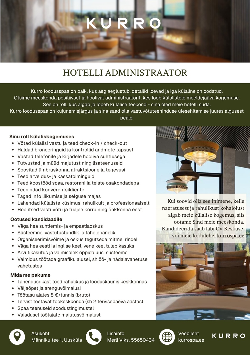 Loodusspaahotell OÜ Hotelli administraator
