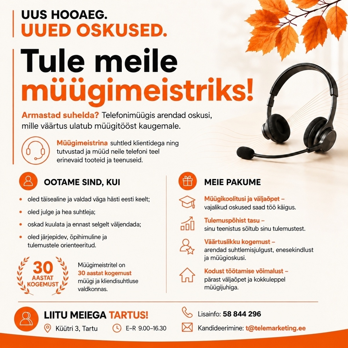 Müügimeistrite AS Tervisetoodete müügikonsultant Tartus