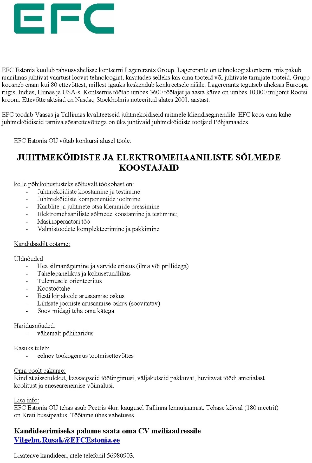 EFC ESTONIA OÜ JUHTMEKÖIDISTE JA ELEKTROMEHAANILISTE SÕLMEDE KOOSTAJA