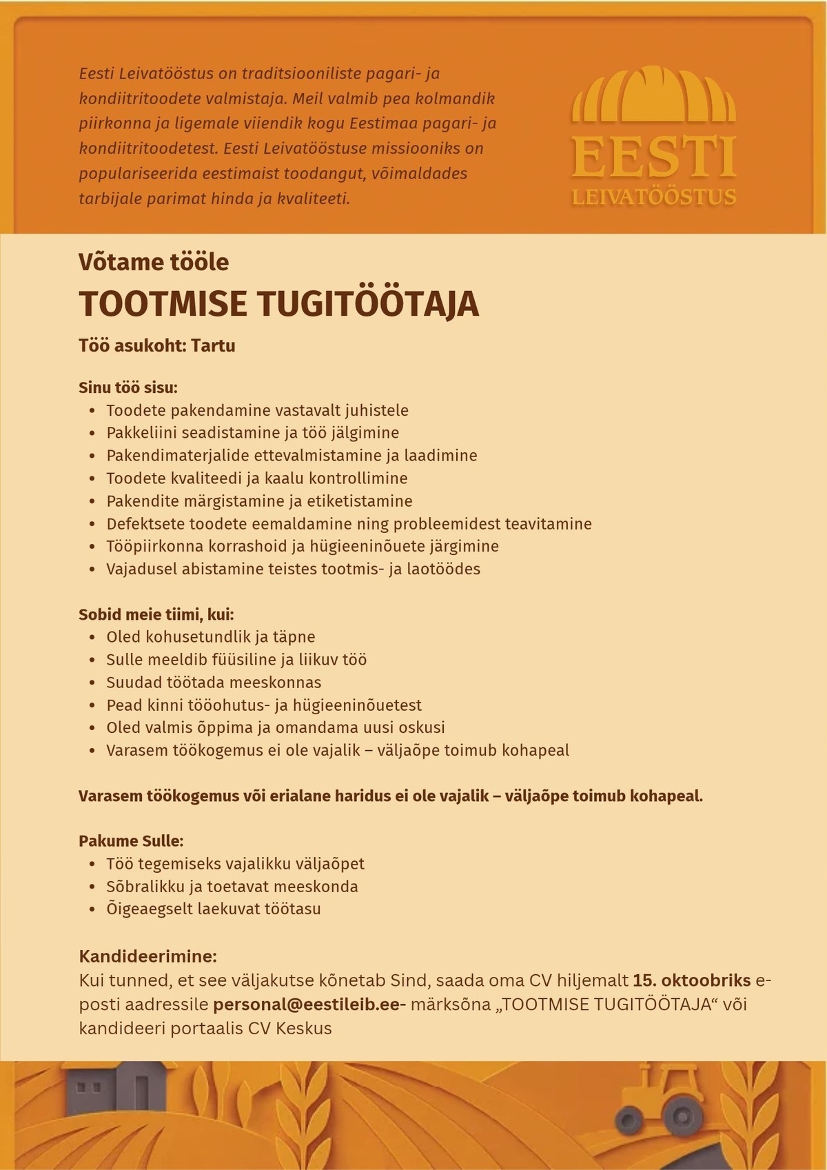 EESTI LEIVATÖÖSTUS AS Tootmise tugitöötaja