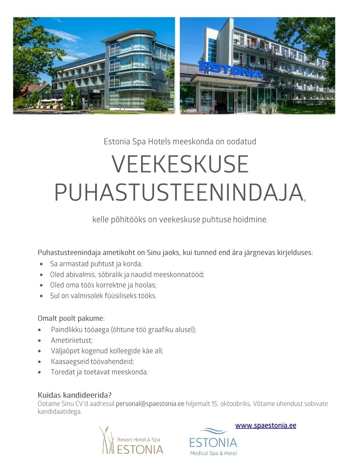 Estonia Spa Hotels AS Veekeskuse puhastusteenindaja Estonia Spa Hotels´is