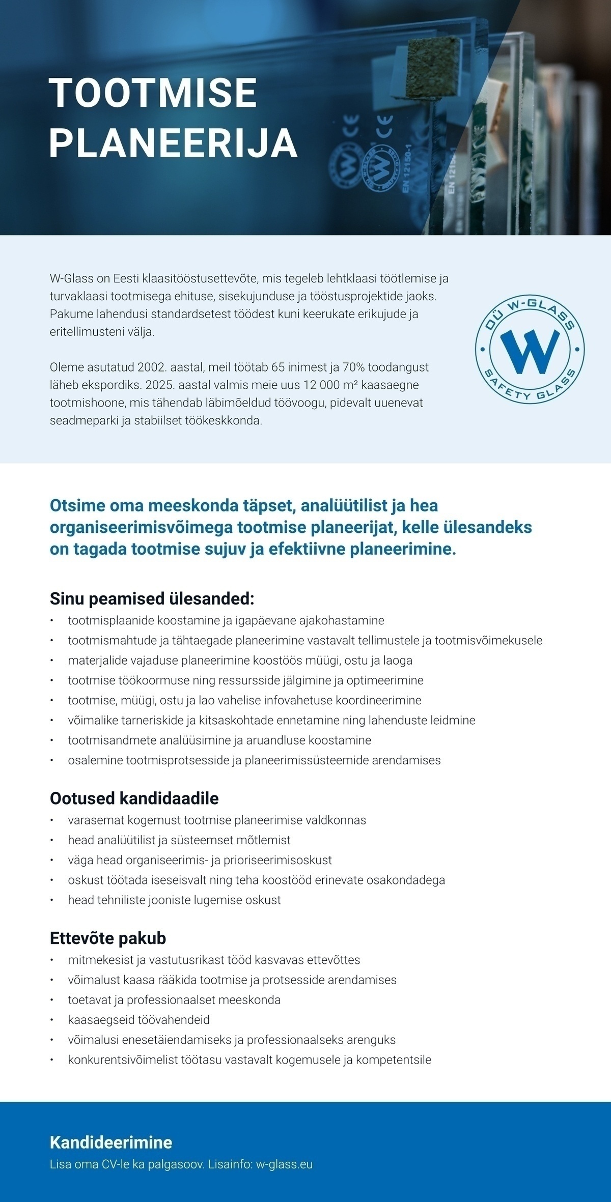 W-Glass OÜ Tootmise planeerija