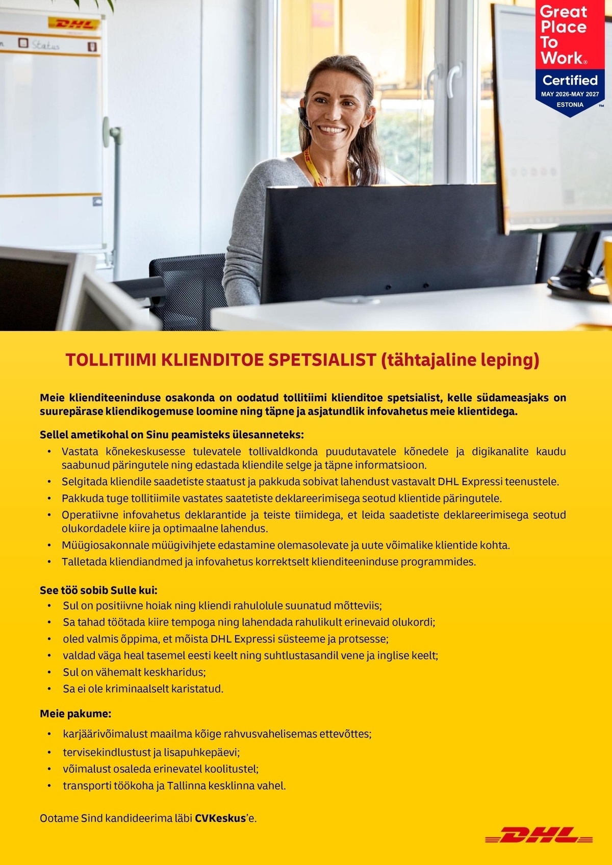 DHL Express Estonia AS Tollitiimi klienditoe spetsialist (tähtajaline leping)