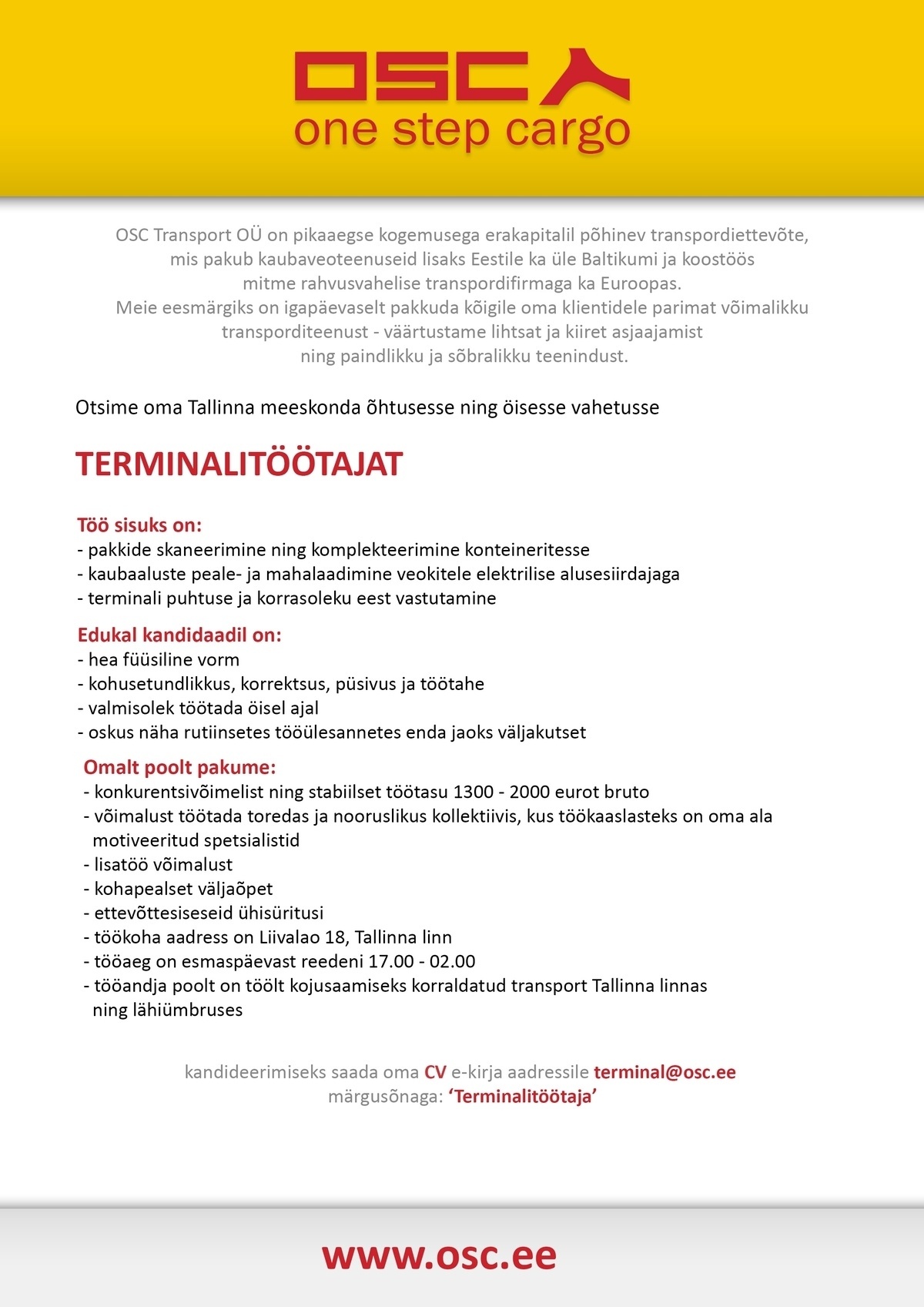 OSC TRANSPORT OÜ Terminalitöötaja