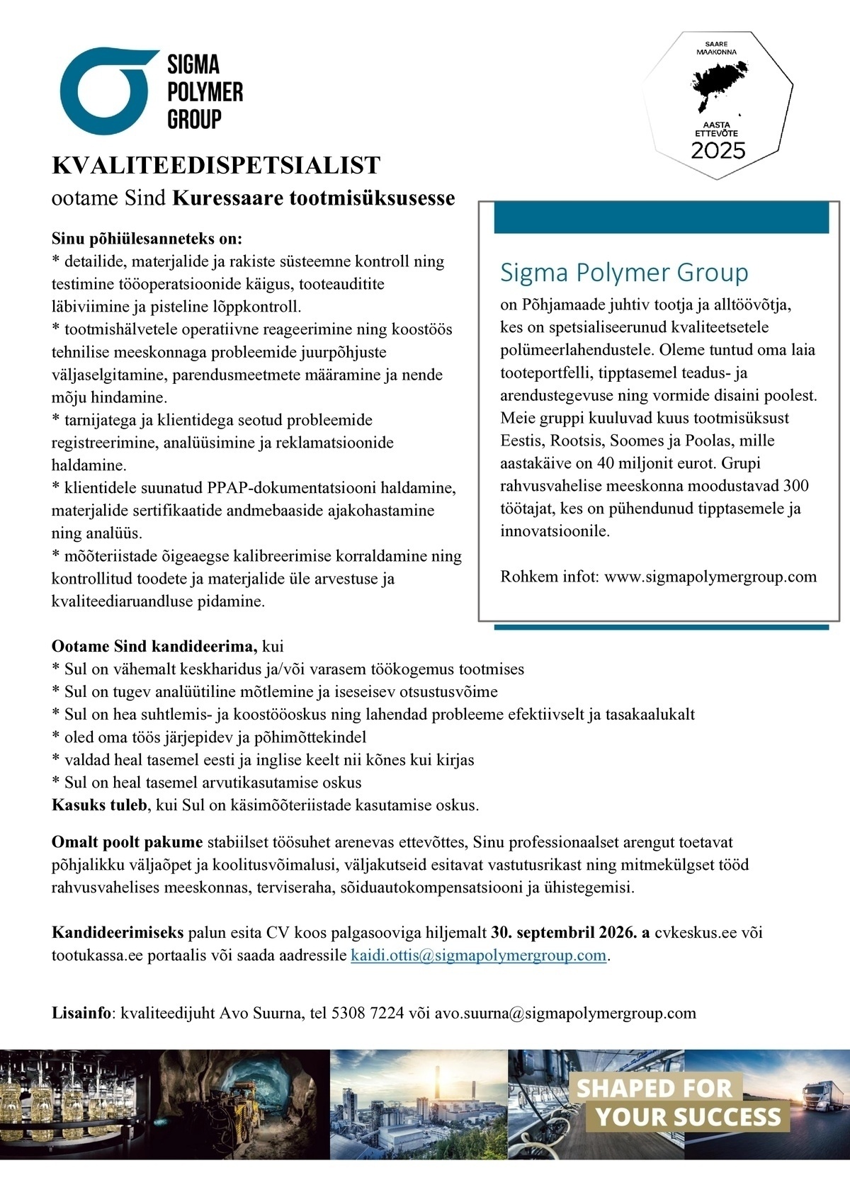 SIGMA POLYMER GROUP OÜ Kvaliteedispetsialist