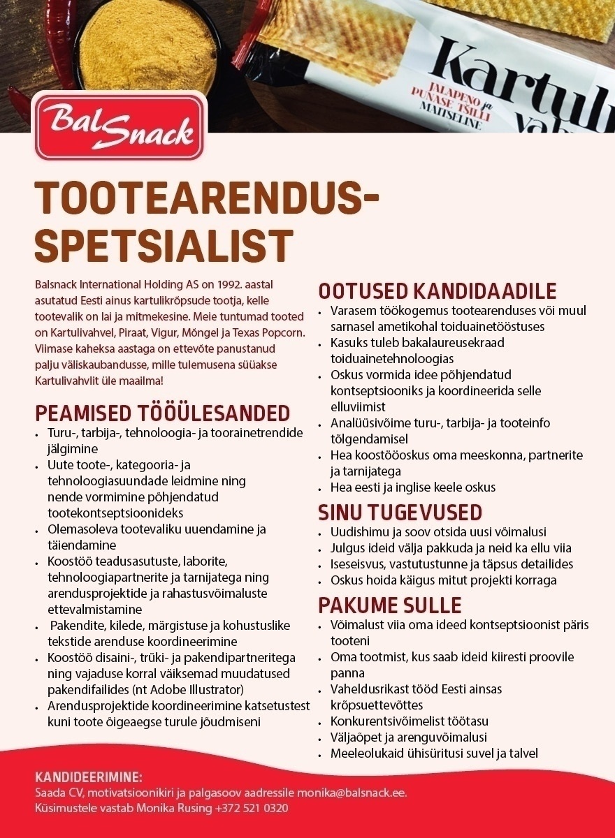 Balsnack International Holding AS Tootearendusspetsialist