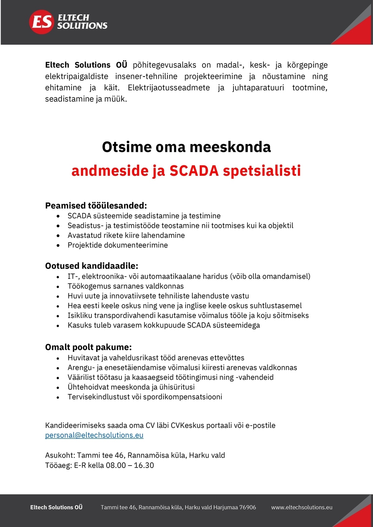 Eltech Solutions OÜ Andmeside ja SCADA spetsialist