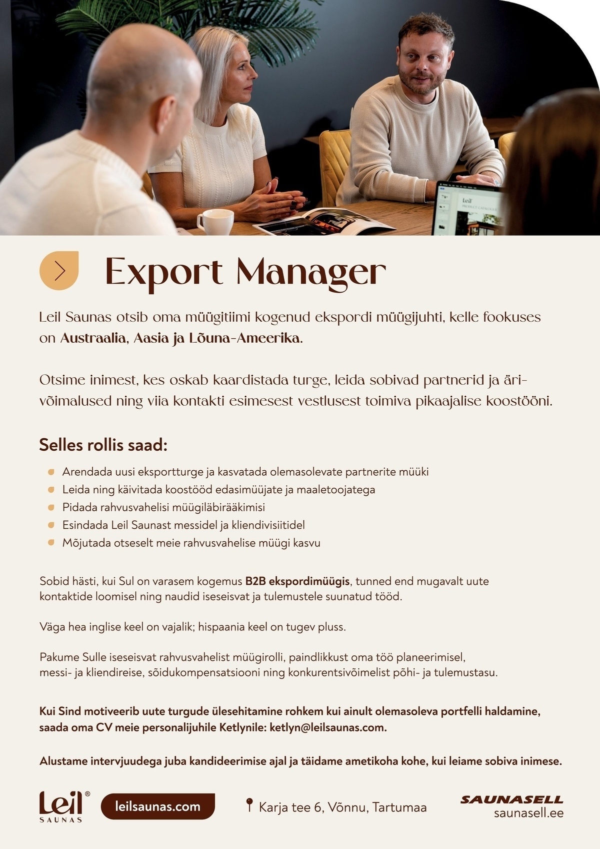 SAUNASELL OÜ EXPORT MANAGER – Austraalia, Aasia & Lõuna-Ameerika
