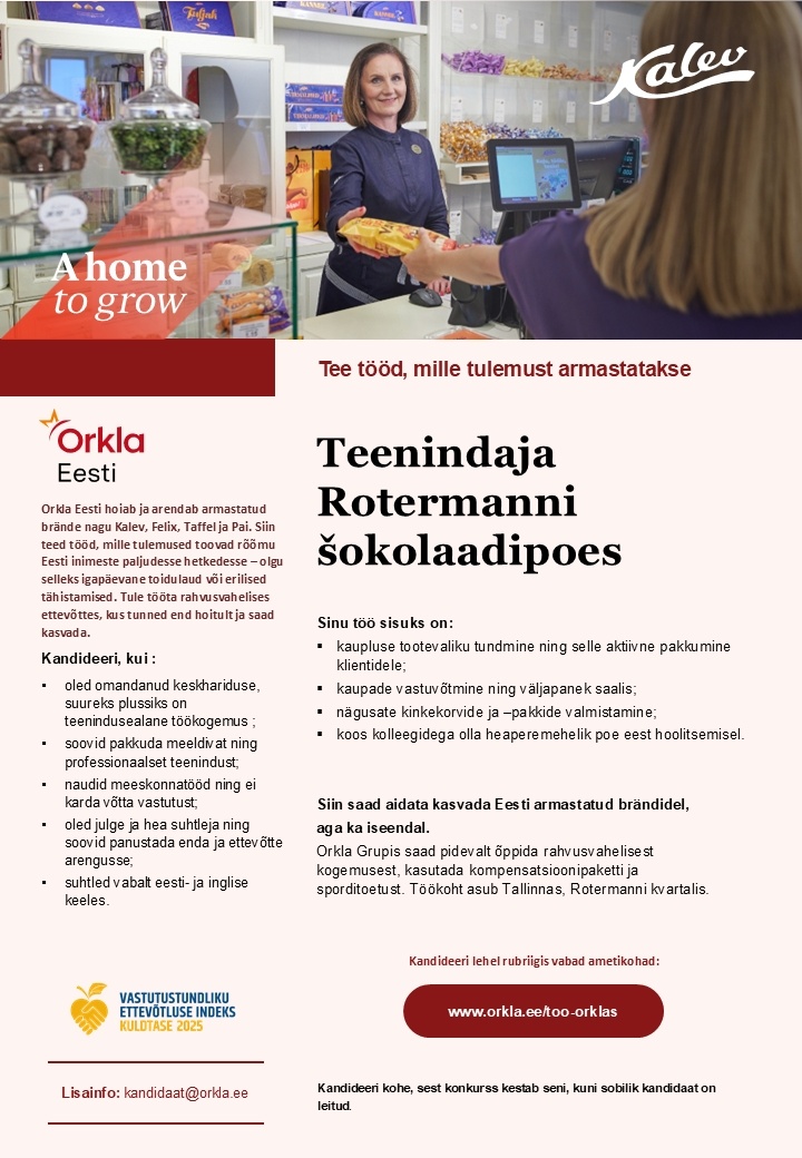 Orkla Eesti AS TEENINDAJA Rotermanni Kalevi šokolaadipoodi