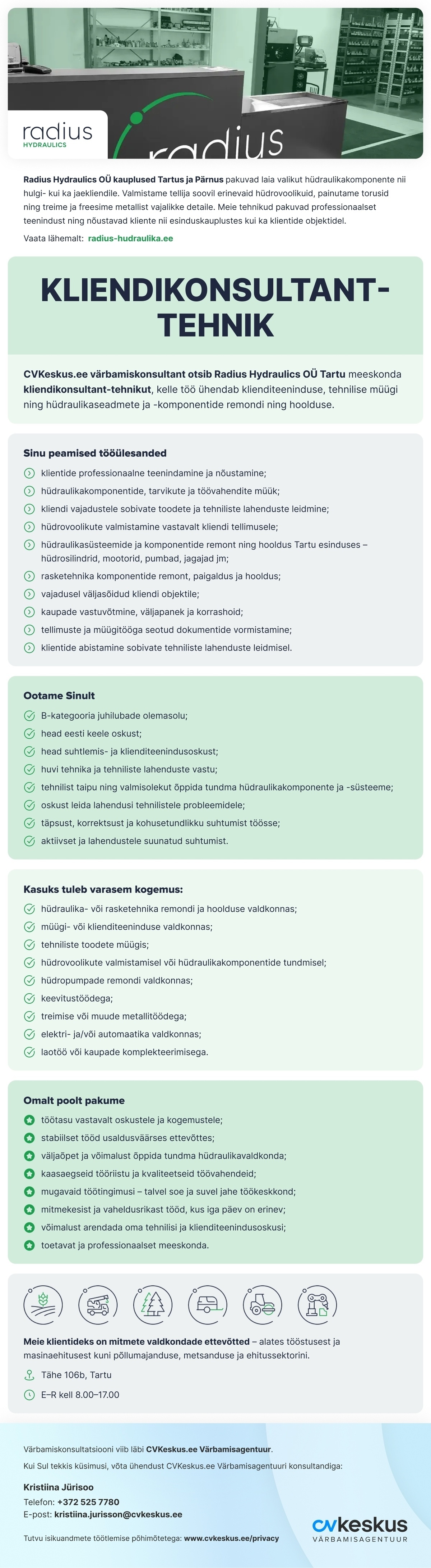 RADIUS Hydraulics OÜ KLIENDIKONSULTANT-TEHNIK