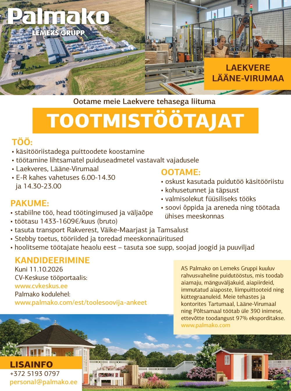 Palmako AS Tootmistöötaja (Laekvere)
