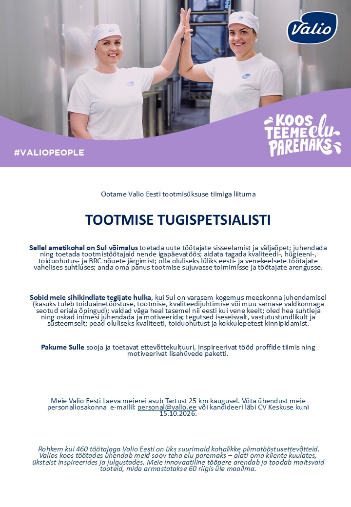 Valio Eesti AS Tootmise tugispetsialist