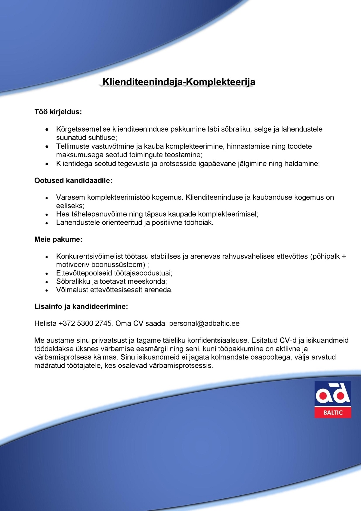 AD BALTIC AS Klienditeenindaja-Komplekteerija