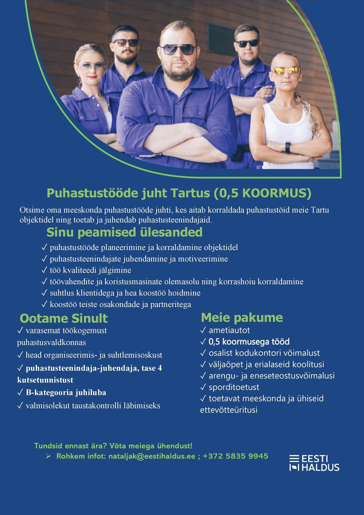 OÜ Eesti Haldus Puhastustööde juht (0,5 koormus)