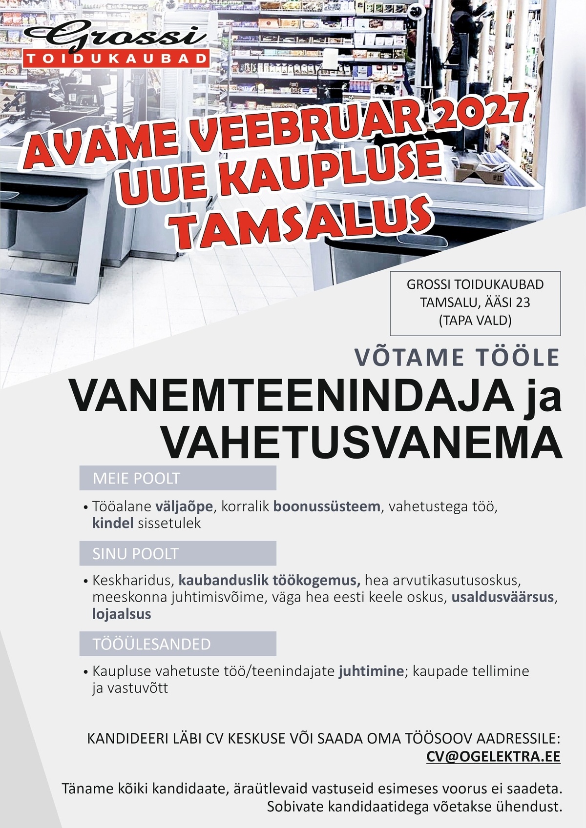 OG Elektra AS Vanemteenindaja ja vahetusvanem (UUS kauplus Tamsalus)