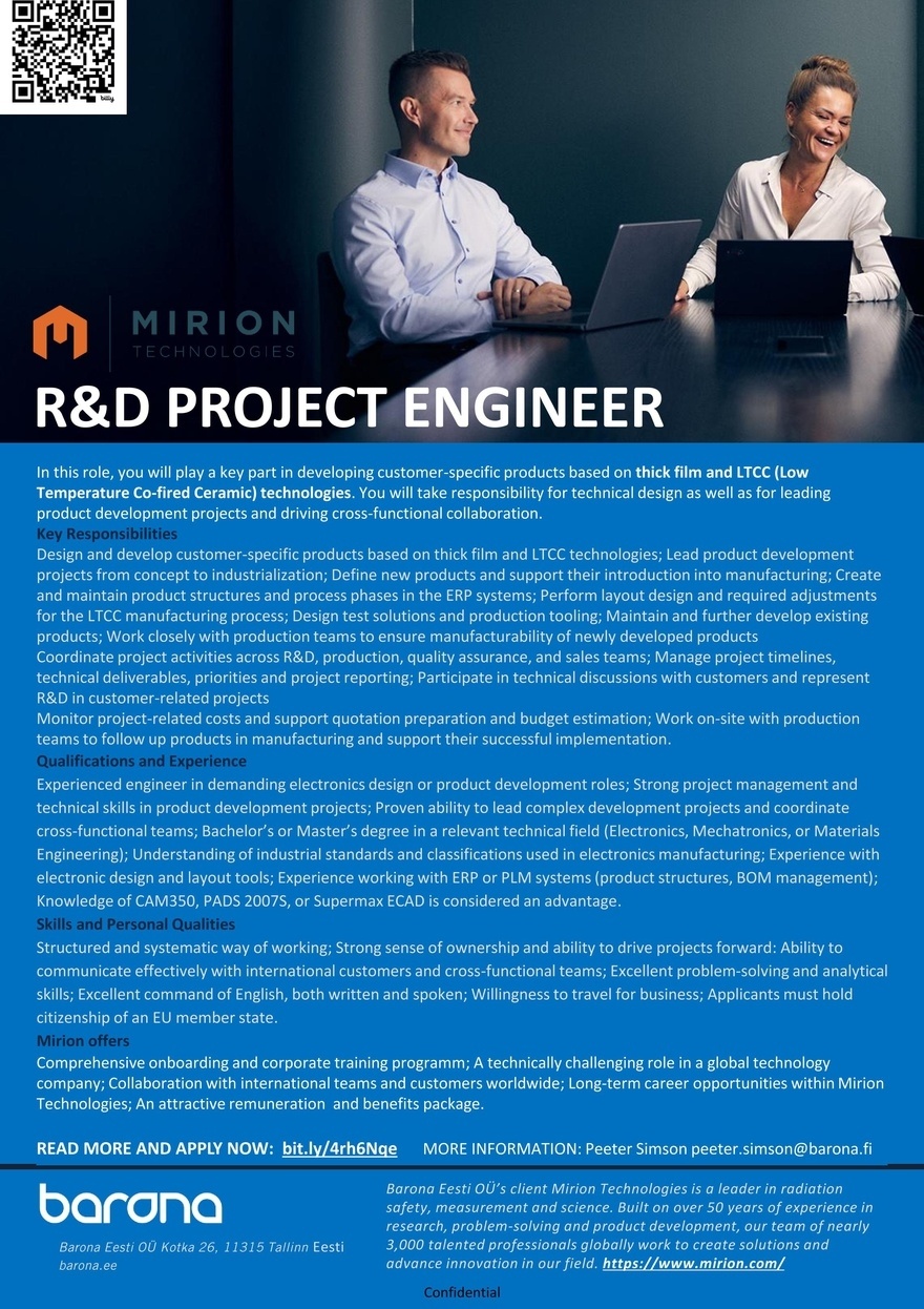 Barona Eesti OÜ R&D PROJECT ENGINEER