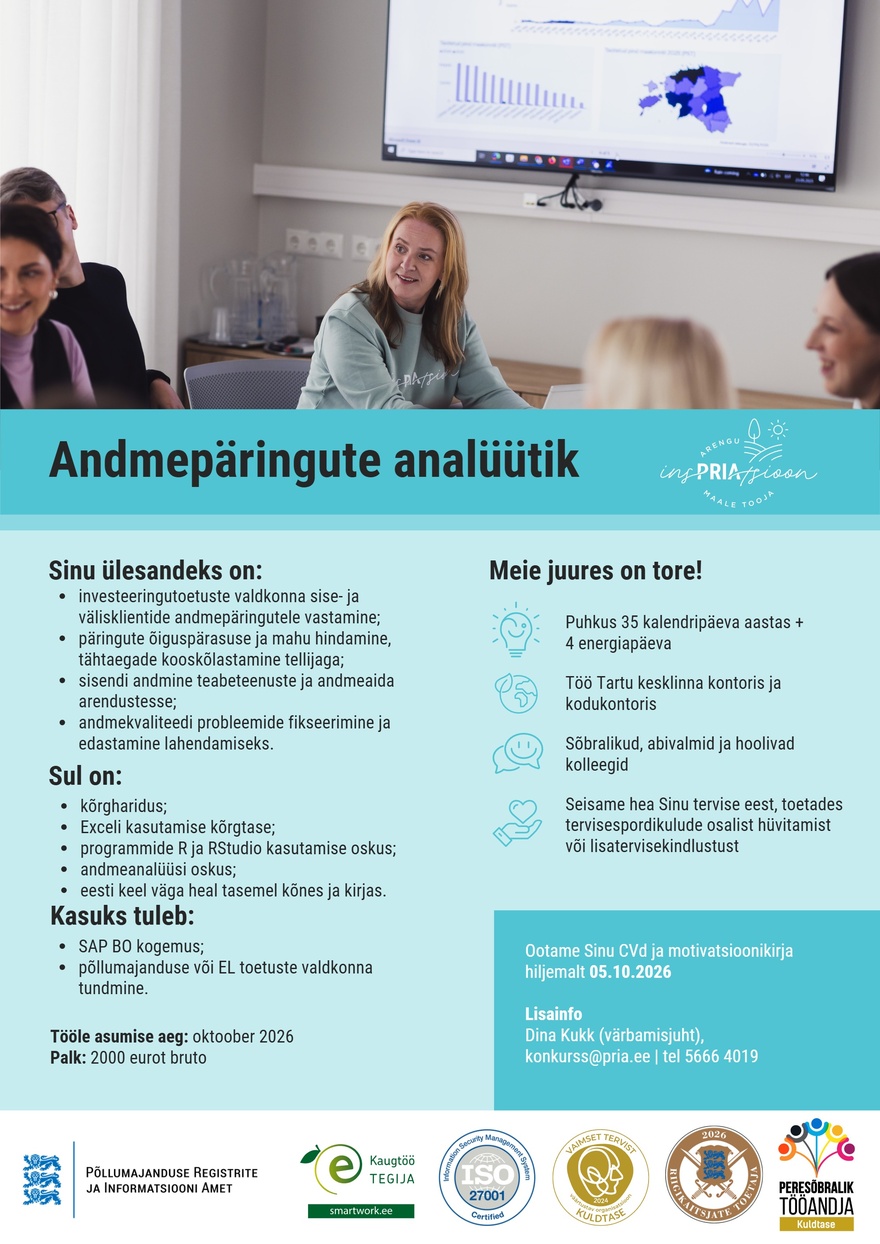 Põllumajanduse Registrite ja Informatsiooni Amet Andmepäringute analüütik